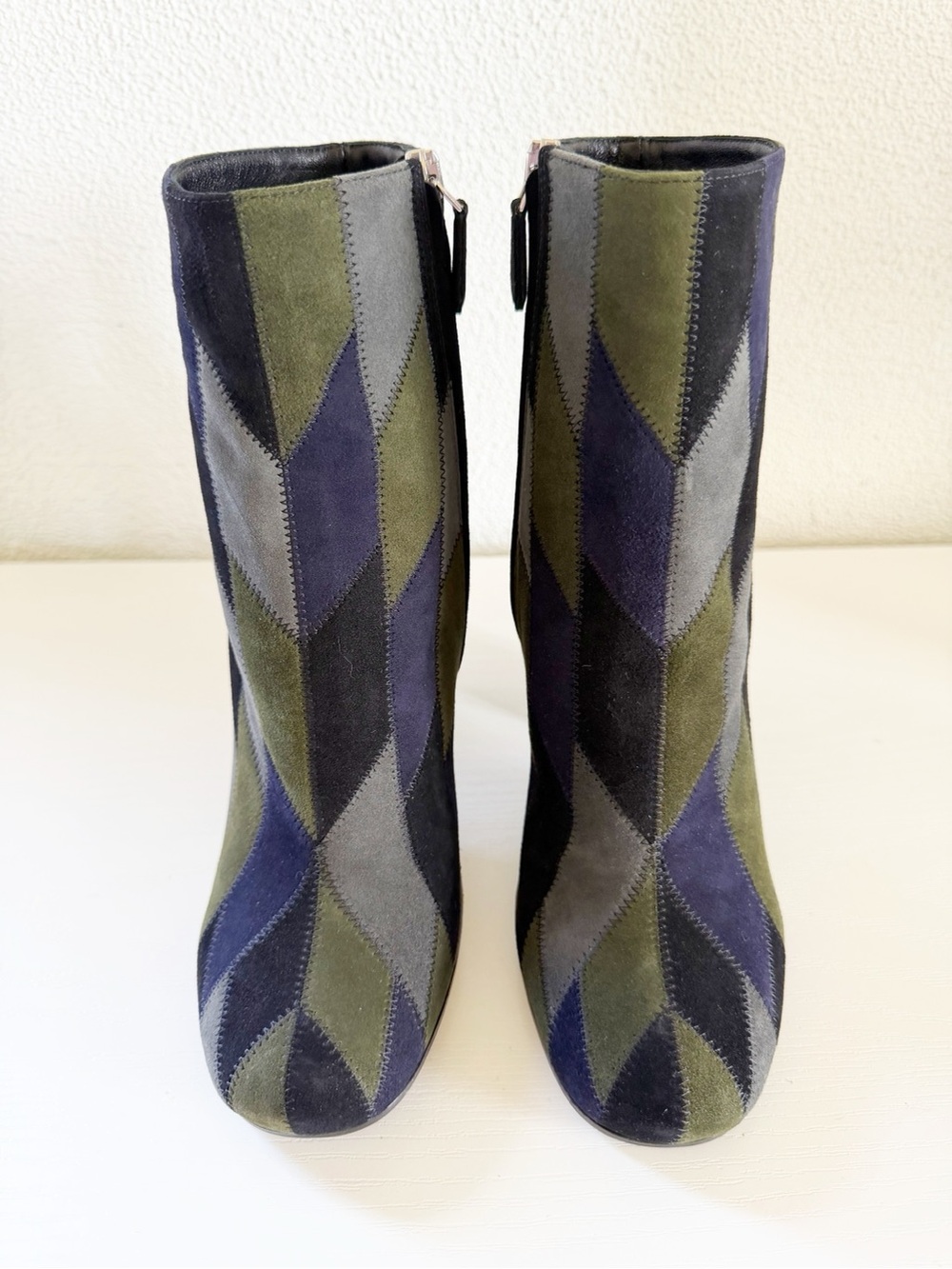 Prada Patchwork Suede Jewel Tone Ankle Boots Size EU 36.5 Blue Green Gray Black - Picture 3 of 11